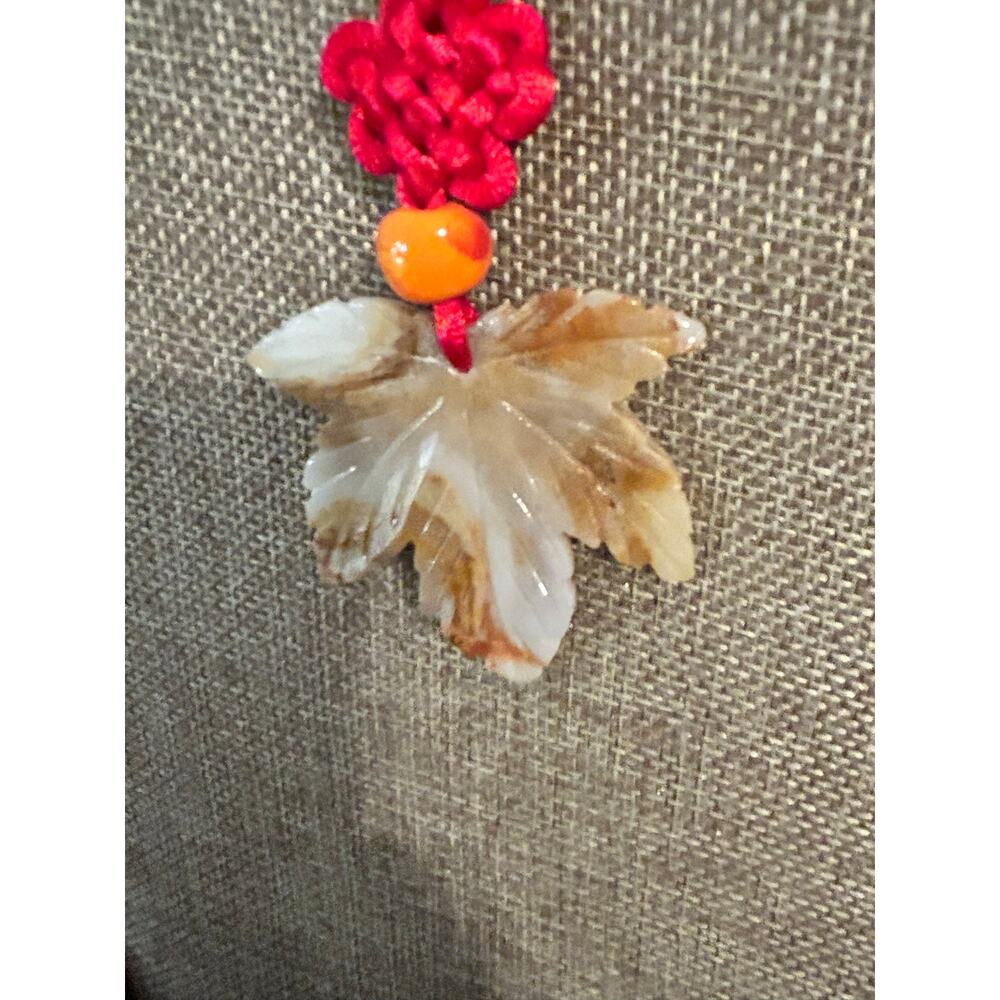Hand Carved Chalcedony Maple Leaf Pendant Necklace Red Cord Accent - Picture 2 of 9